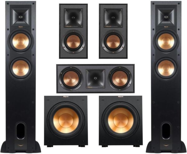 Klipsch Reference 5.2 Home Theater System - Bundle with 2X R-26FA Floorstanding Speaker, R-52C Center Channel Speaker, 2X R-41M Bookshelf Speaker, 2X R-12SW Subwoofer - Image 2