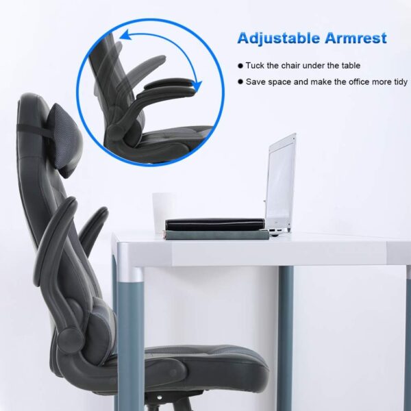 BestOffice PC Gaming Chair Ergonomic Office Chair Desk Chair with Lumbar Support Flip Up Arms Headrest PU Leather Executive High Back Computer Chair for Adults Women Men (Grey) - Image 6