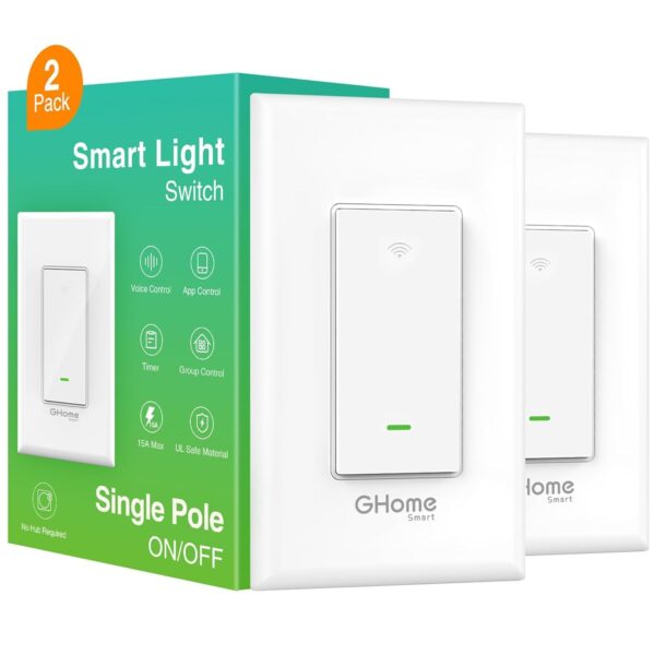 GHome Smart Switch, 2.4Ghz Wi-Fi Switch Works with Alexa, Google Assistant Single-Pole,Neutral Wire Required,UL Certified,Remote/Voice Control and Schedule, No Hub Required, (2 Pack),White - Image 2