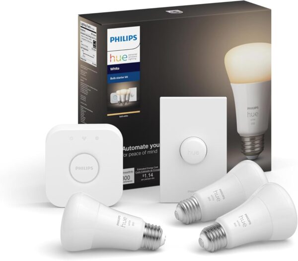 Philips Hue Smart Light Starter Kit Old Version - Includes (1) Bridge, (1) Smart Button and (3) Smart 60W A19 LED Bulb, Soft Warm White Light, 1100LM, E26 - Control with Hue App or Voice Assistant - Image 2