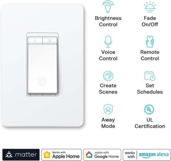 Kasa Matter Smart Dimmer Switch: Voice Control w/Siri, Alexa & Google Assistant, UL Certified, Timer & Schedule, Easy Guided Install, Neutral Wire Required, Single Pole, 2.4GHz Wi-Fi, 3-Pack - Image 3