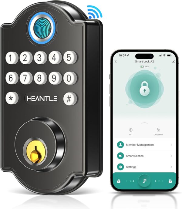 Smart Door Lock WiFi Deadbolt: HEANTLE Keyless Entry Front Door Lock Fingerprint Electronic Digital Keypad Deadbolt with Alexa Voice App Remote Control Auto Lock Matte Black - Image 2