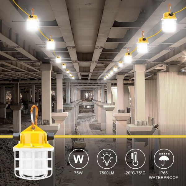 50ft LED Construction String Lights, 75W 7500LM Super Bright LED String Work Lights, Construction Temporary Lights (50ft-5lights) - Image 5