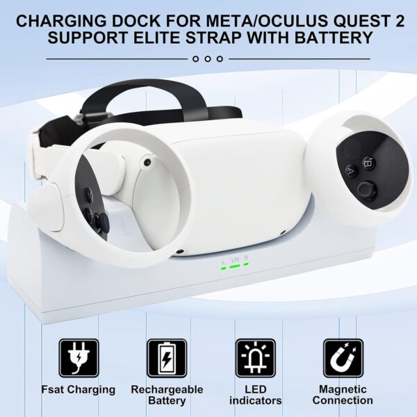 VR Charger Dock for Quest 2 Accessories, Station Stand for Charging Meta/Oculus Quest 2 Controller Headset with Elite Strap Attached (includes 2 x 2100mAh Rechargeable Batteries) - Image 3