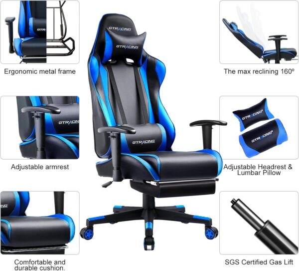 GTRACING Gaming Chair with Footrest, Ergonomic Computer Game Desk Chair, Reclining Gamer Chair Seat Height Adjustment, Swivel Rocker with Headrest and Lumbar (Navy Blue) - Image 6