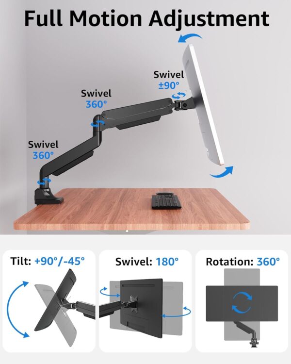 MOUNTUP Single Monitor Mount fits 17''-43'' Ultrawide Screen, Holds 6.6-33lbs, Computer Monitor Arm Desk Mount, Heavy Duty Gas Spring Monitor Stand for Flat/Curved Screen, with C-clamp/Grommet Base - Image 8