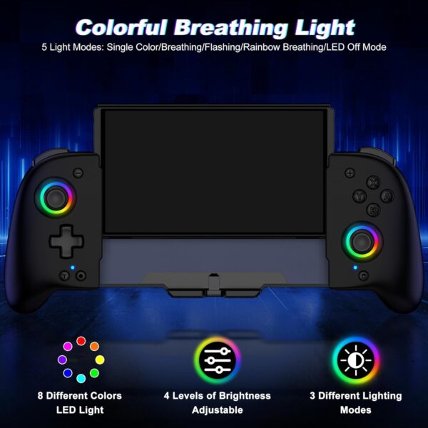 Gammeefy Switch - Controllers, Wireless Switch Controller for Nintendo - Switch/OLED Controller, Ergonomic Full Size Grip with 9 Lights Color, One Piece Joypad for Users Who Prefer Handheld Mode - Image 4