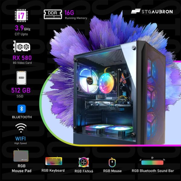 STGAubron Gaming Desktop PC Computer, Intel Core I7 3.4 GHz up to 3.9 GHz, Radeon RX 580 8G GDDR5, 16G RAM, 512G SSD, WiFi, Bluetooth 5.0, RGB Fanx6, RGB Mouse Pad, RGB BT Sound Bar, Windows 10 Home - Image 6