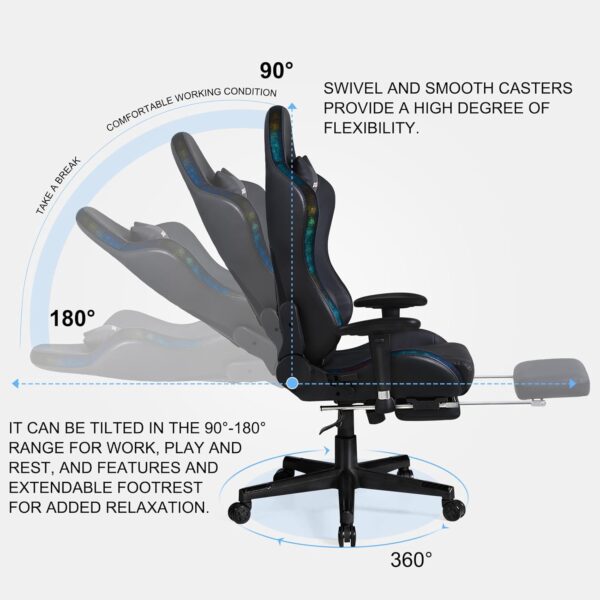 RGB Gaming Chair with Massage and Footrest Large Ergonomic Computer Desk Chair Video Gaming Chair with LED Light Effect Adjustable Reclining Gamer Chair - Image 5