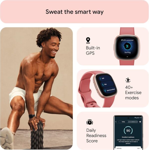 Fitbit Versa 4 Fitness Smartwatch with Daily Readiness, GPS, 24/7 Heart Rate, 40+ Exercise Modes, Sleep Tracking and more, Pink Sand/Copper Rose, One Size (S & L Bands Included) - Image 3