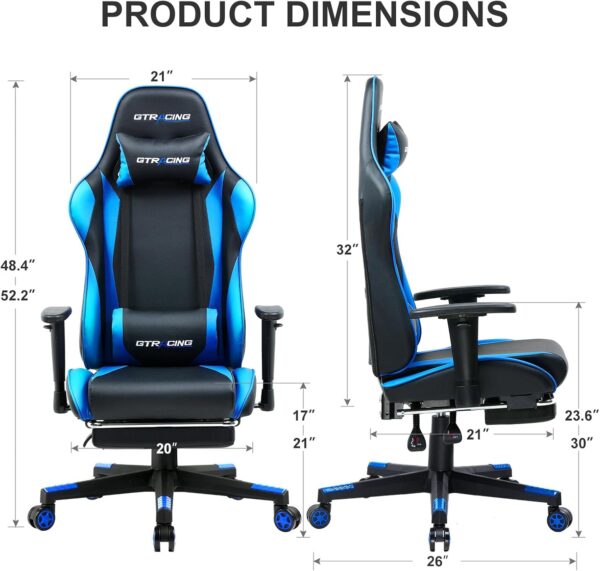 GTRACING Gaming Chair with Footrest, Ergonomic Computer Game Desk Chair, Reclining Gamer Chair Seat Height Adjustment, Swivel Rocker with Headrest and Lumbar (Navy Blue) - Image 3