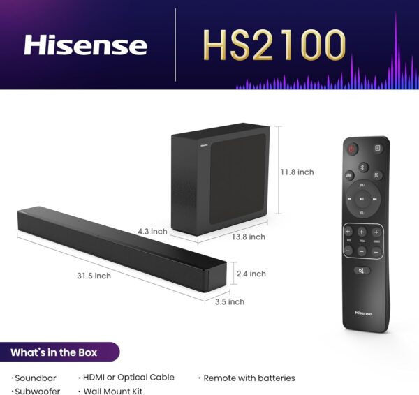 Hisense HS2100 2.1 Ch 240W Sound Bar with Wireless Subwoofer - DTS Virtual X, Dolby Audio, Ezplay, 6 EQ Modes, HDMI ARC, Bluetooth 5.3 - Image 3