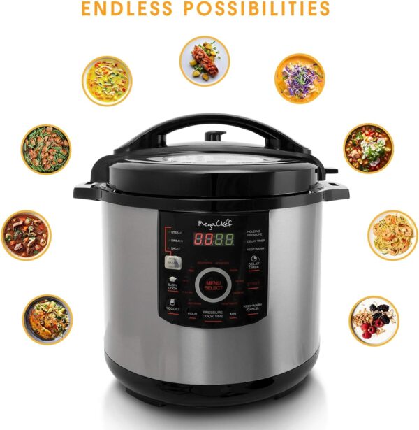 MegaChef 12 Quart Digital Pressure Cooker with 15 Preset Options and Glass Lid, Silver - Image 3