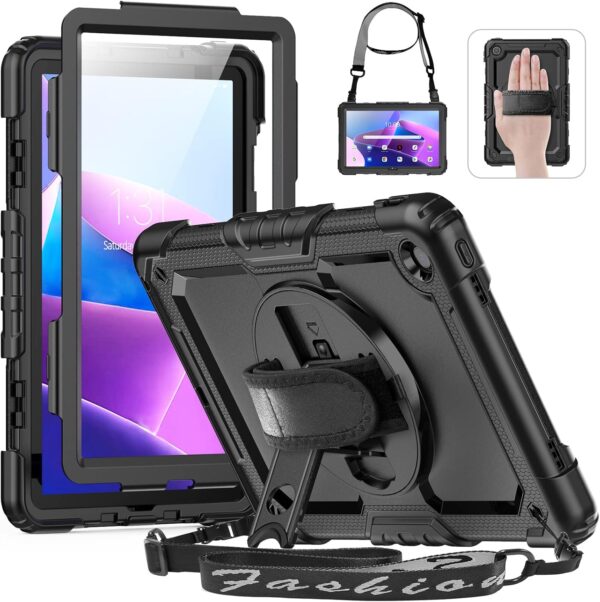 HXCASEAC for Lenovo Tab M10 Plus 3rd Gen Case 10.6 Inch with Screen Protector / 360 Rotating Hand Strap/Stand, 3-Layer Protective M10 Plus Tablet Case (TB-125FU TB-128FU TB-128XU) Cover 2022, Black - Image 2