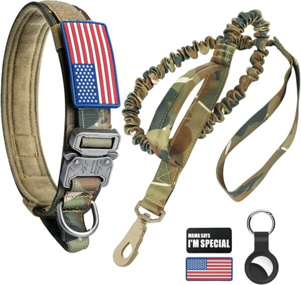 Tactical Dog Collar and Bungee Leash, Camo Military Dog Collar & Leash Set with USA American Flag Adjustable K9 Collar with Heavy Duty Metal Buckle & Handle,with Patches and Airtags Case (M, Camo) - Image 2