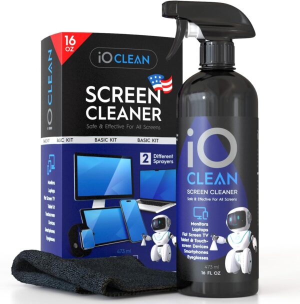 Screen Cleaner Spray (16oz - 473ml) – Best Large Cleaning Kit for LCD LED OLED TV, Smartphone, iPad, Laptop, Touchscreen, Computer Monitor, Electronic Devices, Microfiber Cloth Wipes and 2 Nozzles - Image 2