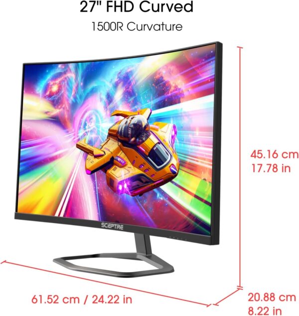 Sceptre 27-inch Curved Gaming Monitor up to 240Hz DisplayPort HDMI 1ms 99% sRGB Build-in Speakers, R1500 Machine Black 2023 (C275B-FWT240) - Image 3