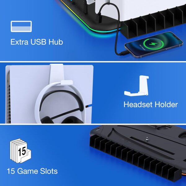 PS5 Stand, PS5 Slim Stand with Cooling Station and Controller Charging Station for PS5 Slim Console Disc/Digital, PS5 Accessories-Cooling Fan, RGB LED, Headset Holder, 15 Game Slot for Playstation 5 - Image 9