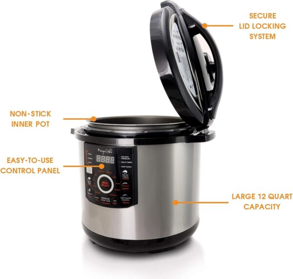 MegaChef 12 Quart Digital Pressure Cooker with 15 Preset Options and Glass Lid, Silver - Image 4