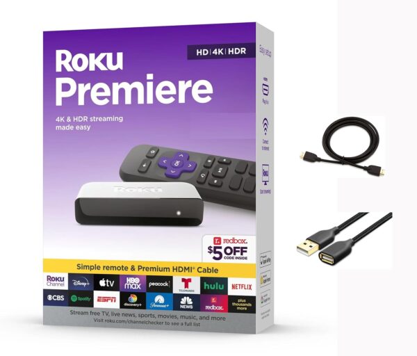 Roku 3920RW-SW Premiere | 4K/HDR Streaming Media Player Wi-Fi Enabled with Premium High Speed HDMI Cable and Simple Remote, with MTC HDMI Cable and USB Extension Cord - Image 2