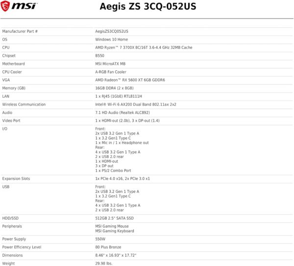 MSI Aegis ZS 3CQ-052US Gaming Desktop AMD Ryzen 7 3700X 16GB RX 5600XT 6G 512GB SSD WiFi AX200 (Renewed) - Image 7
