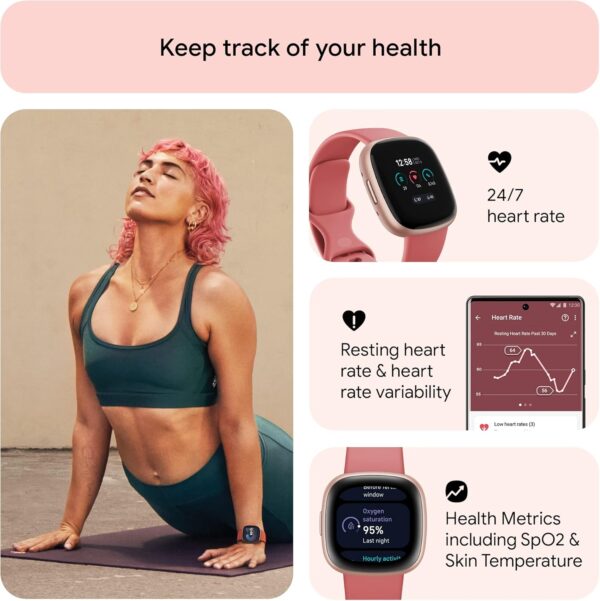 Fitbit Versa 4 Fitness Smartwatch with Daily Readiness, GPS, 24/7 Heart Rate, 40+ Exercise Modes, Sleep Tracking and more, Pink Sand/Copper Rose, One Size (S & L Bands Included) - Image 5