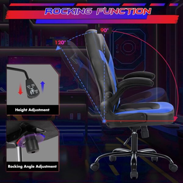 Sweetcrispy Computer Gaming Desk Chair - Ergonomic Office Executive Adjustable Swivel Task PU Leather Racing Chair with Flip-up Armrest for Adults, Kids, Men, Girls, Gamer, Black Blue - Image 6