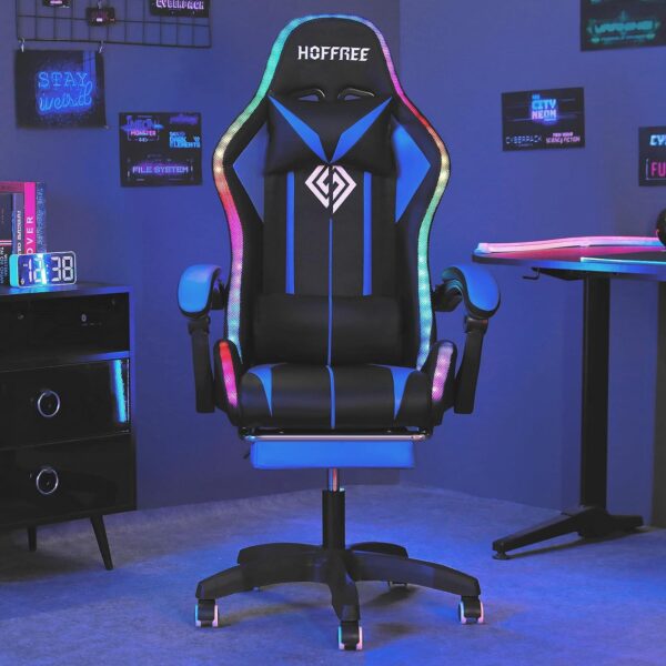 HOFFREE RGB Gaming Chair with Speakers Massage Computer Gaming Chair with LED Lights and Footrest High Back Video Game Chair for Adults Blue and Black - Image 4