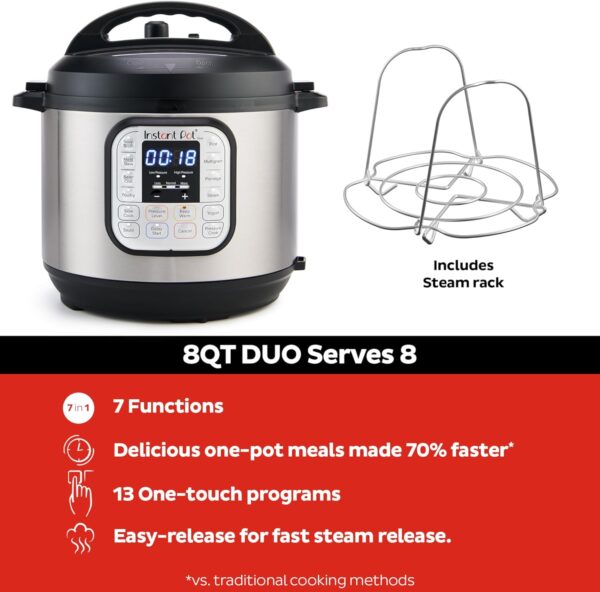 Instant Pot Duo 7-in-1 Electric Pressure Cooker, Slow Cooker, Rice Cooker, Steamer, Sauté, Yogurt Maker, Warmer & Sterilizer, Includes App With Over 800 Recipes, Stainless Steel, 8 Quart - Image 6