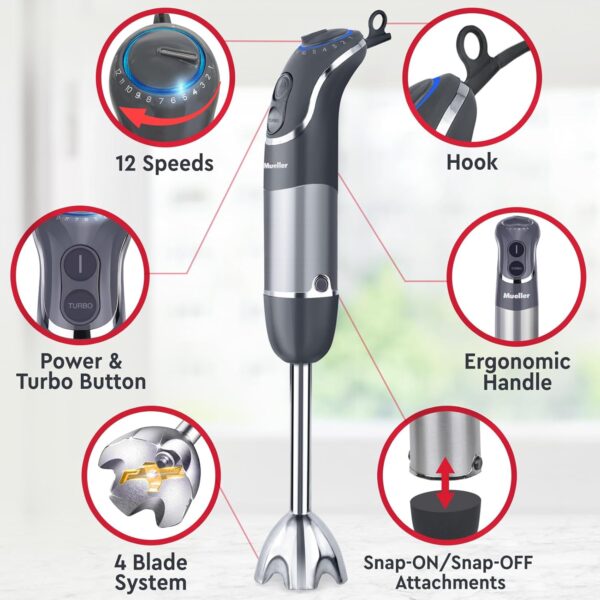 Mueller Multistick 800W 4-in-1 Immersion Blender Handheld, 12 Speed Hand Mixer - Turbo Boost, Heaviest Duty Copper Motor, Titanium Blades Hand Blender, Milk Frother Wand, Whisk, Beaker, Chopper - Image 4