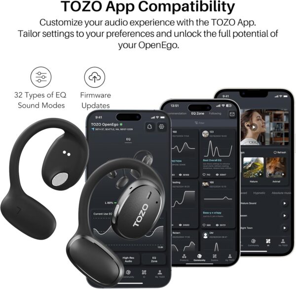 TOZO OpenEgo True Wireless Open Ear Headphone, 5.3 Bluetooth Sport Earbuds with Earhooks for 80H Playback with Digital Display, 32 EQ Modes Dual Mic Clear Call Sweat-Proof for Running Workout Black - Image 7