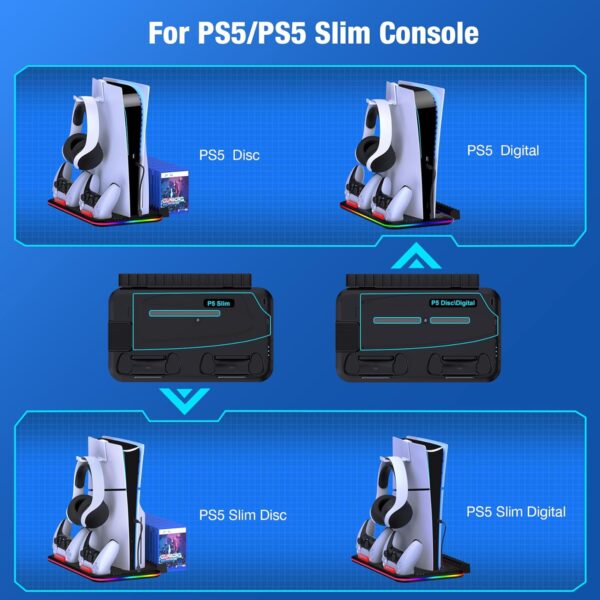 PS5 Stand, PS5 Slim Stand with Cooling Station and Controller Charging Station for PS5 Slim Console Disc/Digital, PS5 Accessories-Cooling Fan, RGB LED, Headset Holder, 15 Game Slot for Playstation 5 - Image 4