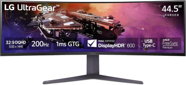 LG 45GR65DC-B 45-inch Ultragear Curved Gaming Monitor, QHD, 200Hz, 1ms, UltraWide Display, 32:9, AMD FreeSync Premium Pro, VESA DisplayHDR 600, HDMI 2.1 x2, DP, UBS x3, Tilt/Height/Swivel Stand Black - Image 2