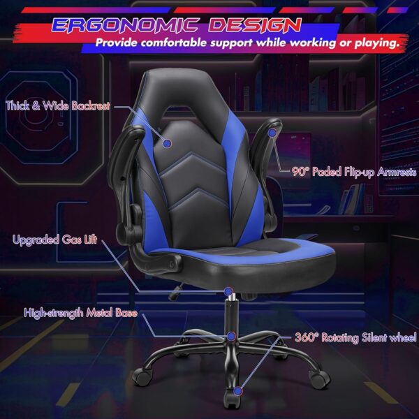 Sweetcrispy Computer Gaming Desk Chair - Ergonomic Office Executive Adjustable Swivel Task PU Leather Racing Chair with Flip-up Armrest for Adults, Kids, Men, Girls, Gamer, Black Blue - Image 7