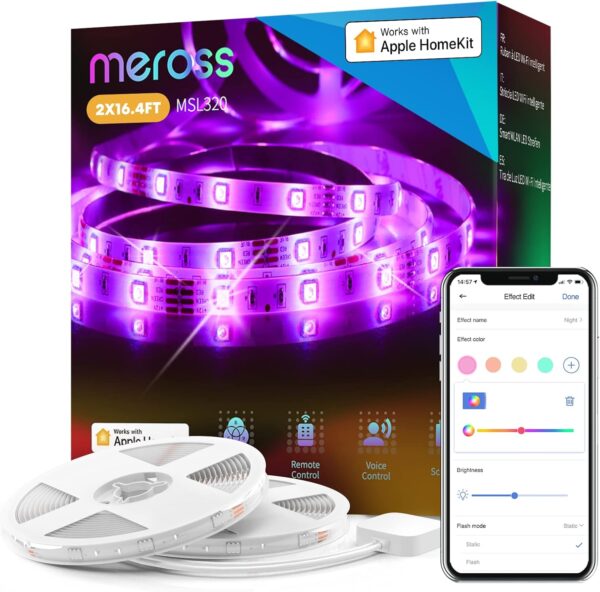 meross Smart LED Strip Lights, 32.8ft WiFi RGB Strip, Compatible with Apple HomeKit, Alexa, Google Home & SmartThings, App Control, Millions of Color Changing, Timer & Schedule, Protective Coating - Image 2