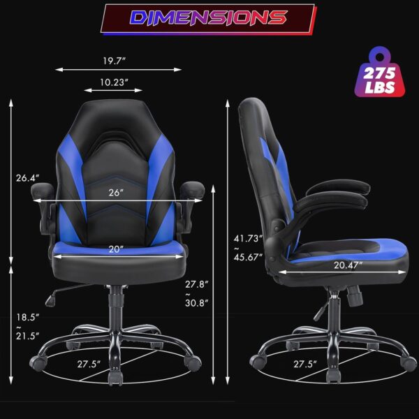 Sweetcrispy Computer Gaming Desk Chair - Ergonomic Office Executive Adjustable Swivel Task PU Leather Racing Chair with Flip-up Armrest for Adults, Kids, Men, Girls, Gamer, Black Blue - Image 3