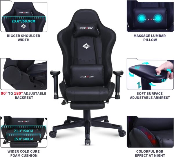 RGB Gaming Chair with Massage and Footrest Large Ergonomic Computer Desk Chair Video Gaming Chair with LED Light Effect Adjustable Reclining Gamer Chair - Image 6