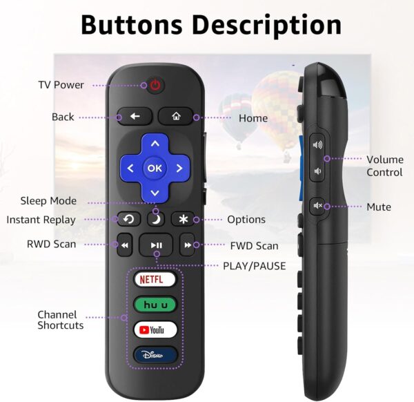 (Pack of 2) Replacement Remote for Roku TV with Soft Protective Case(Glow in The Dark), Universal Remote for TCL Roku/Hisense Roku/Onn Roku/Sharp Roku/Element Roku/Philips Roku Smart TV - Image 4