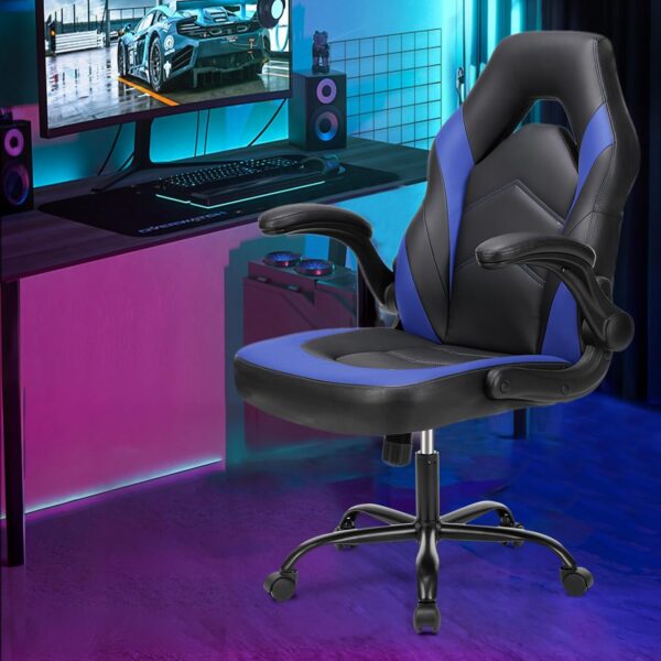 Sweetcrispy Computer Gaming Desk Chair - Ergonomic Office Executive Adjustable Swivel Task PU Leather Racing Chair with Flip-up Armrest for Adults, Kids, Men, Girls, Gamer, Black Blue - Image 2