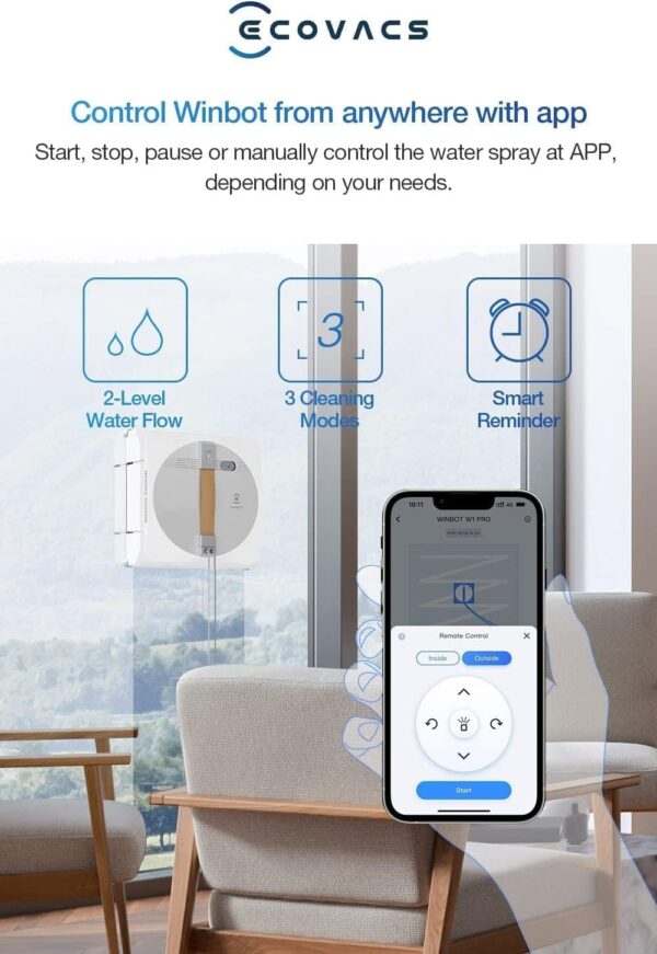 ECOVACS Winbot W1 Pro Window Cleaning Robot, Intelligent Cleaning with Dual Cross Water Spray Technology, Win SLAM 3.0 Path Planning, 2800Pa Suction Power, Edge Detection Technology, App Control,Grey - Image 7