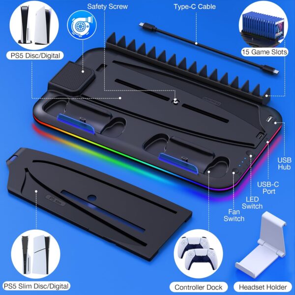 PS5 Stand, PS5 Slim Stand with Cooling Station and Controller Charging Station for PS5 Slim Console Disc/Digital, PS5 Accessories-Cooling Fan, RGB LED, Headset Holder, 15 Game Slot for Playstation 5 - Image 8