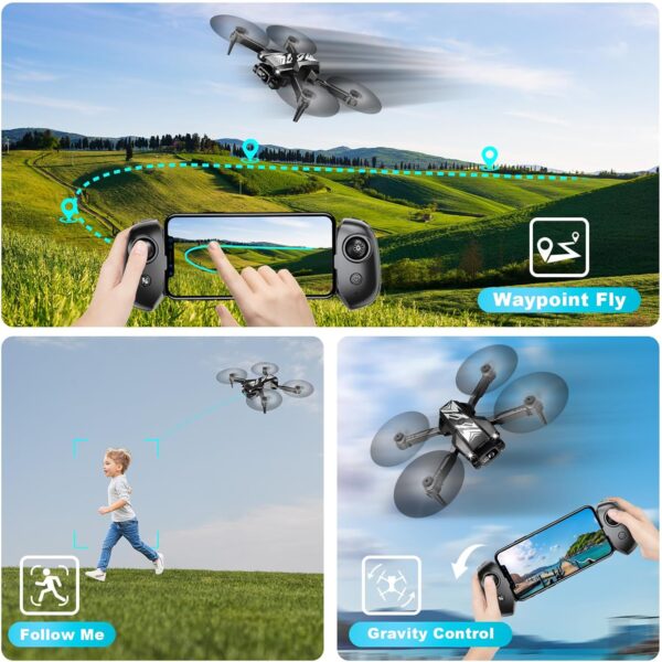 Mini Drone with Camera for Kids Adults-1080P FPV Camera Foldable Drone with Stable Altitude Hold, Gestures Selfie, Waypoint Fly, Auto-Follow, 3D Flip, One Key Start, 3 Speeds, 2 Batteries - Image 6