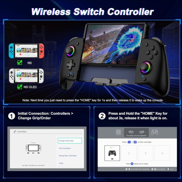 Gammeefy Switch - Controllers, Wireless Switch Controller for Nintendo - Switch/OLED Controller, Ergonomic Full Size Grip with 9 Lights Color, One Piece Joypad for Users Who Prefer Handheld Mode - Image 5