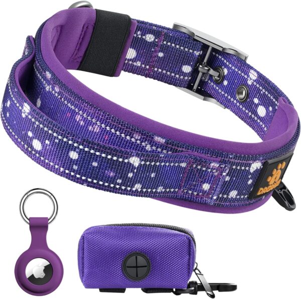 DAGANXI Dog Collar Adjustable Soft Neoprene Padded Breathable Reflective Strip Nylon Collar for Small Medium Large Dogs, with Airtags Case and Dog Poop Bags Dispenser (Medium, Sky/Purple) - Image 2