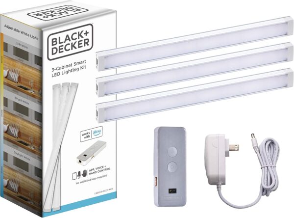 BLACK+DECKER Works with Alexa Smart Under Cabinet Lighting Kit, Adjustable LEDs, (3) 9" Bars White - Image 2