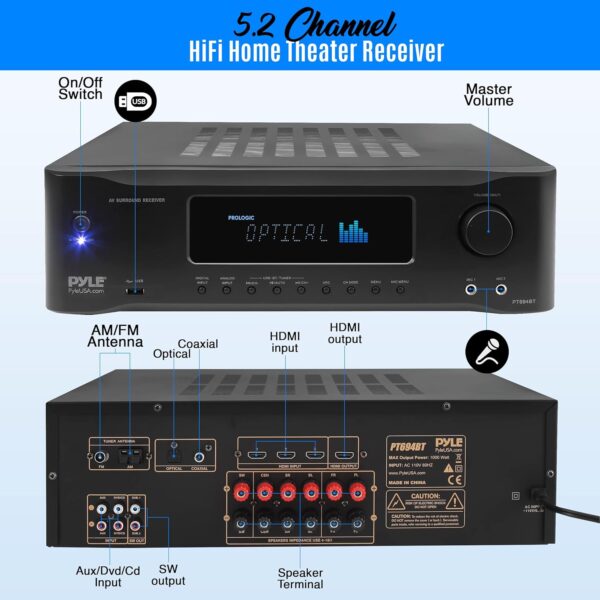 Pyle 5.2-Channel Hi-Fi Bluetooth Stereo Amplifier - 1000 Watt AV Home Speaker Subwoofer Sound Receiver w/Radio, USB, RCA, HDMI, MIC in, Wireless Streaming, Supports 4K UHD TV, 3D, Blu-Ray - PT694BT.5 - Image 3