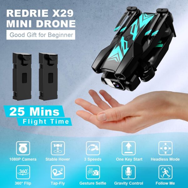 Mini Drone with Camera for Beginners Adults-1080P FPV Camera Foldable Drone with Stable Altitude Hold, Gestures Selfie, Waypoint Fly, Headless Mode, Auto-Follow, 3D Flip, One Key Start, 3 Speeds, 2 Batteries - Image 7