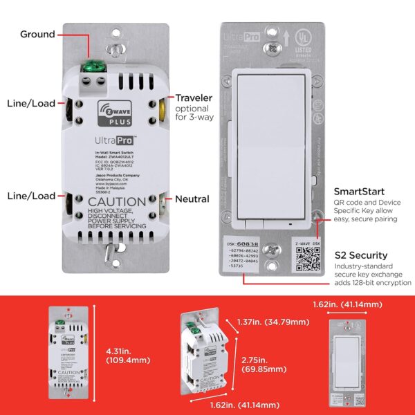 UltraPro 700 Series Z-Wave In-Wall Smart Light Switch with QuickFit™ and SimpleWire™, White Paddle, Works with Google Assistant, Alexa, & SmartThings, Z-Wave Hub Required, Smart Home, 2 Pack, 59370 - Image 8