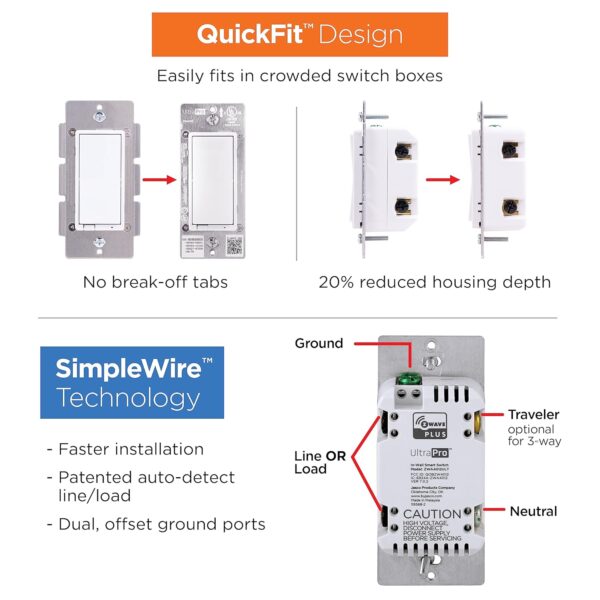 UltraPro 700 Series Z-Wave In-Wall Smart Light Switch with QuickFit™ and SimpleWire™, White Paddle, Works with Google Assistant, Alexa, & SmartThings, Z-Wave Hub Required, Smart Home, 2 Pack, 59370 - Image 4