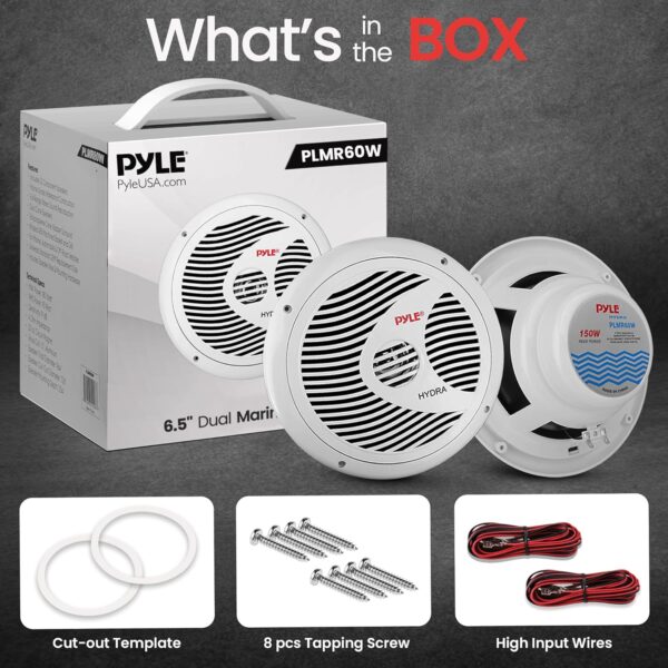 Pyle 6.5 Inch Dual Marine Speakers - 2 Way Waterproof and Weather Resistant Outdoor Audio Stereo Sound System with 150 Watt Power, Polypropylene Cone and Cloth Surround - 1 Pair - PLMR60W (White) - Image 3